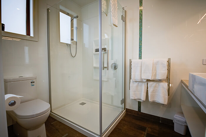 Modern bathroom with enclosed shower unit and toilet.